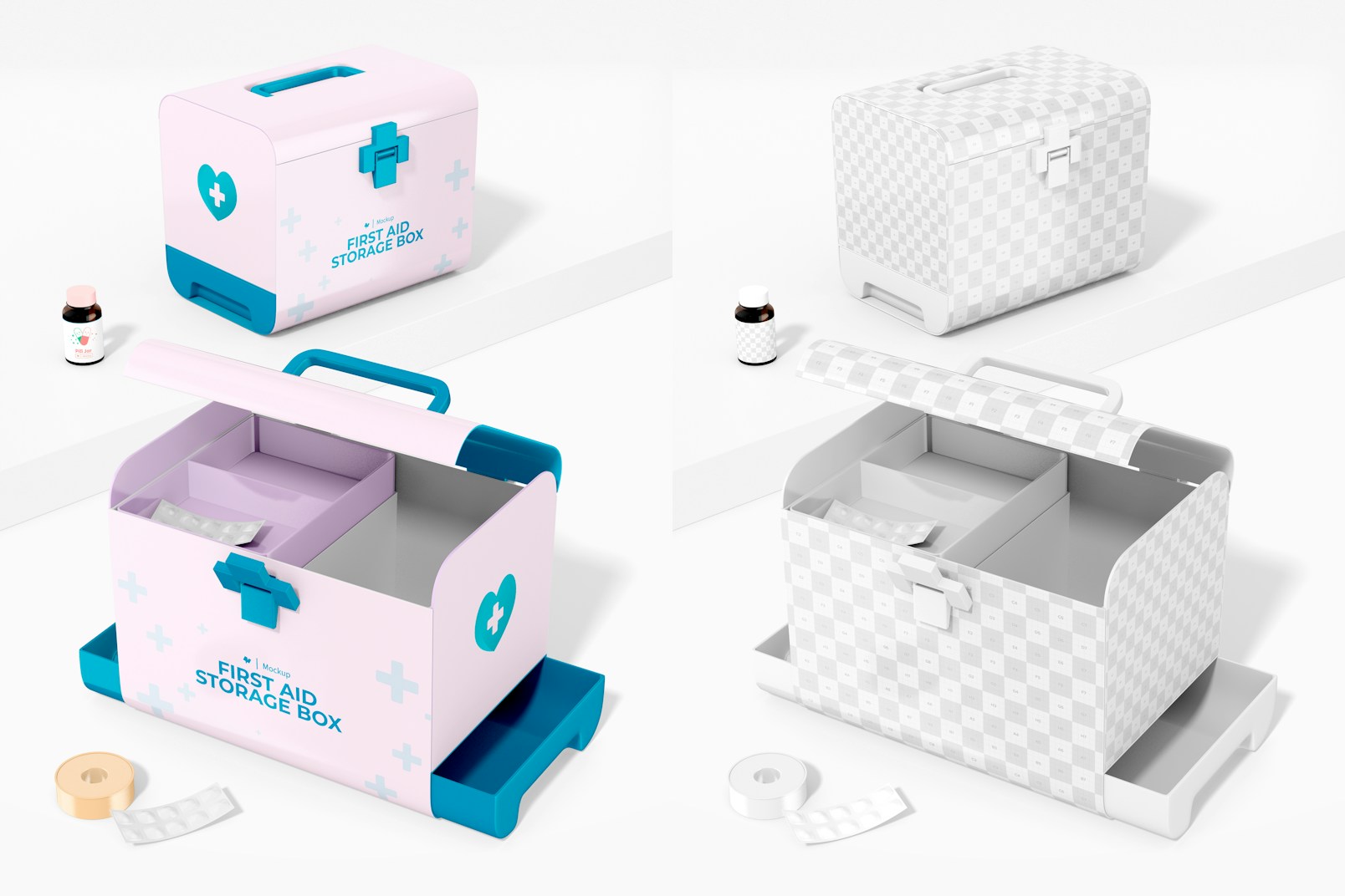 First Aid Boxes with Compartments Mockup, Perspective