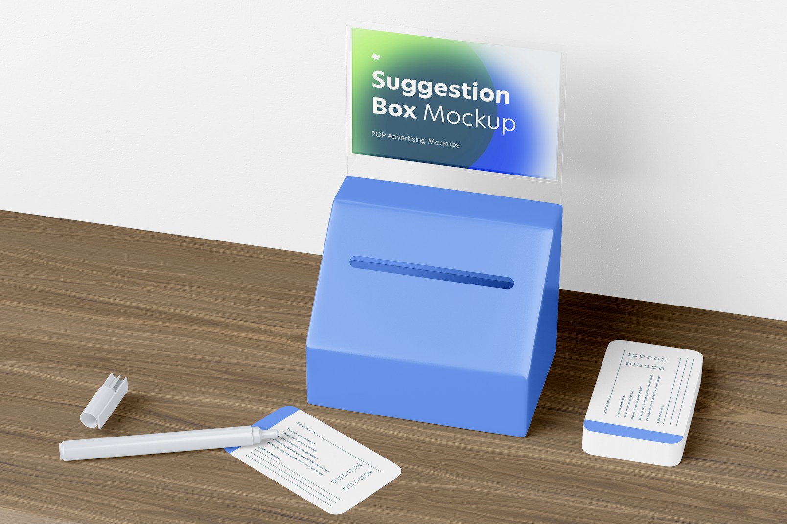 Suggestion Box With Poster Holder and Stationery Mockup