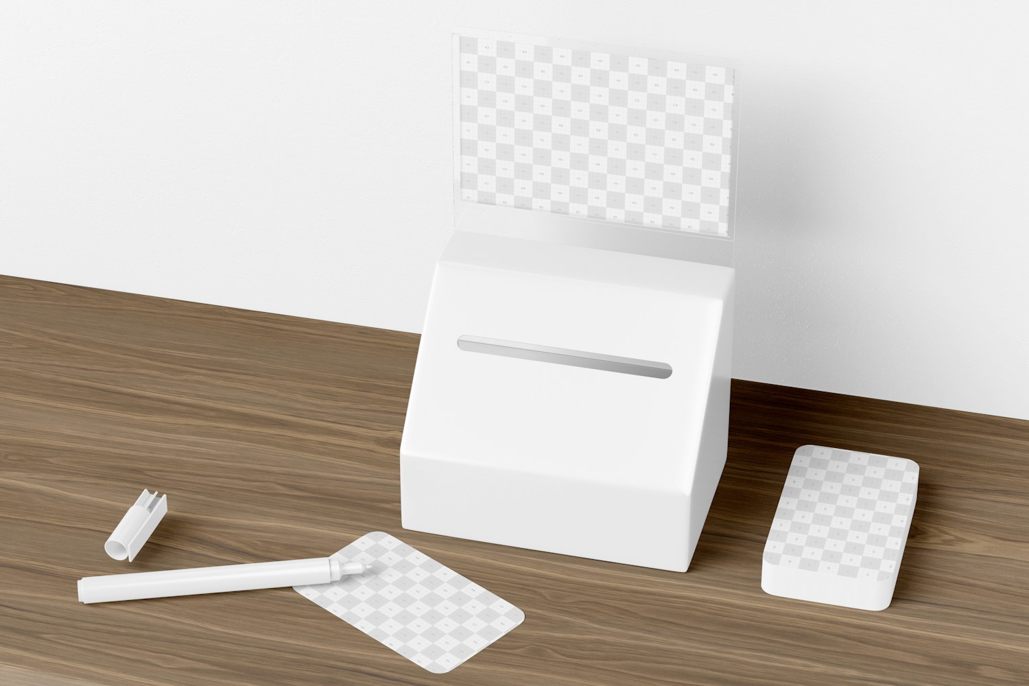 Suggestion Box With Poster Holder and Stationery Mockup