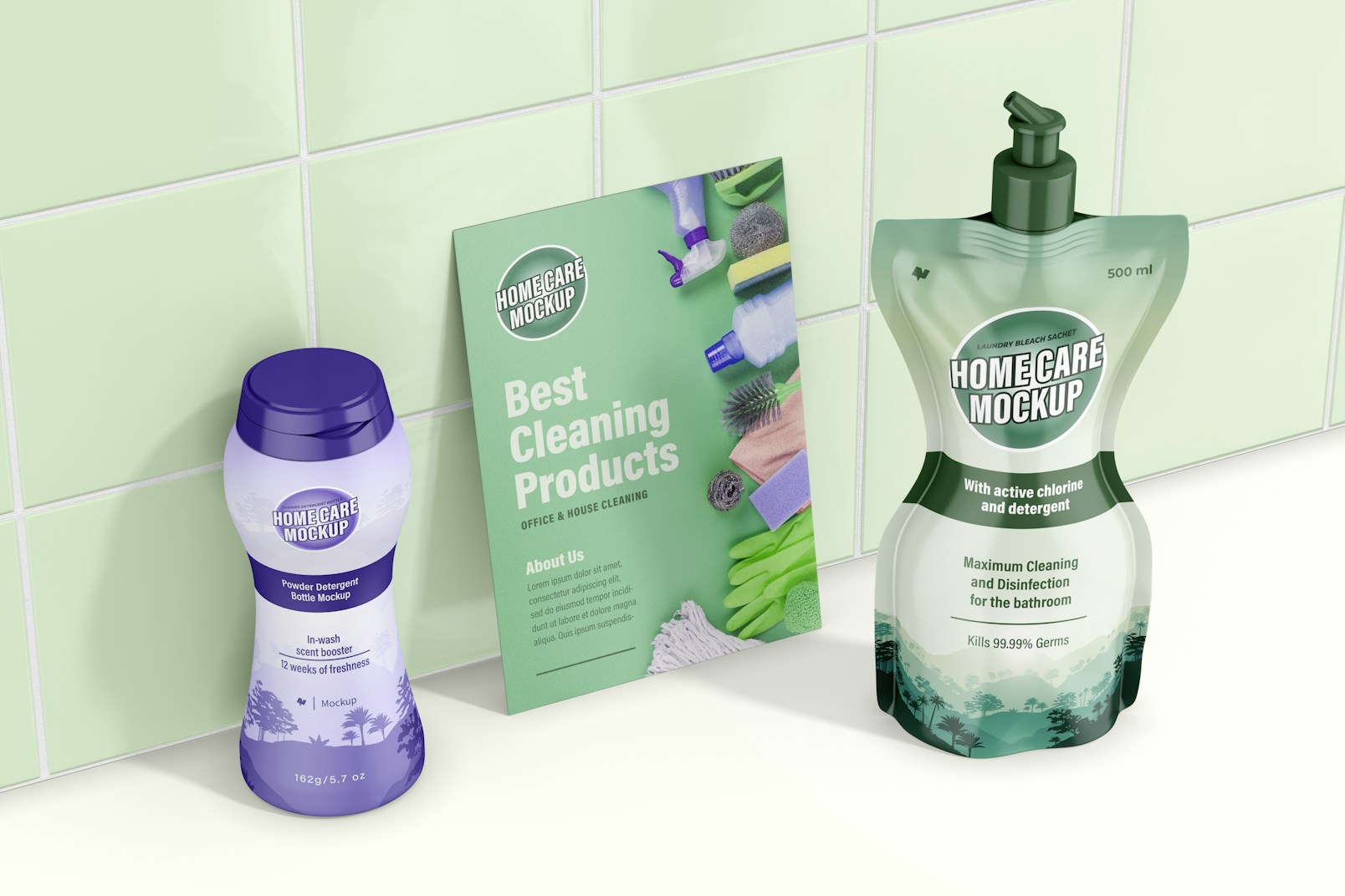 Cleaning Products with Stationery Mockup, Perspective
