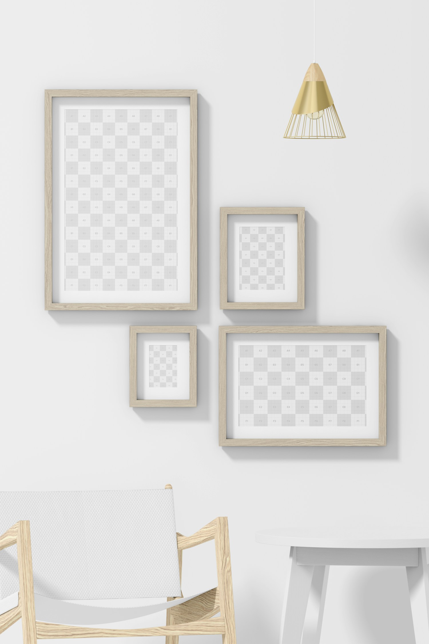 4 Gallery Frames with Rocking Chair Mockup, Front View