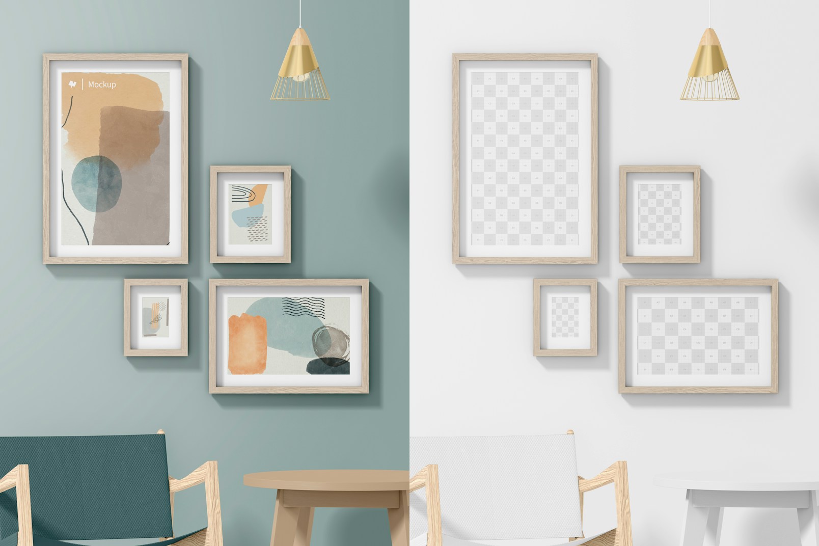 4 Gallery Frames with Rocking Chair Mockup, Front View