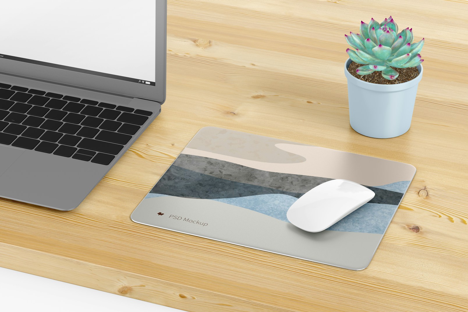 Rectangular Aluminum Mouse Pad on Desk Mockup
