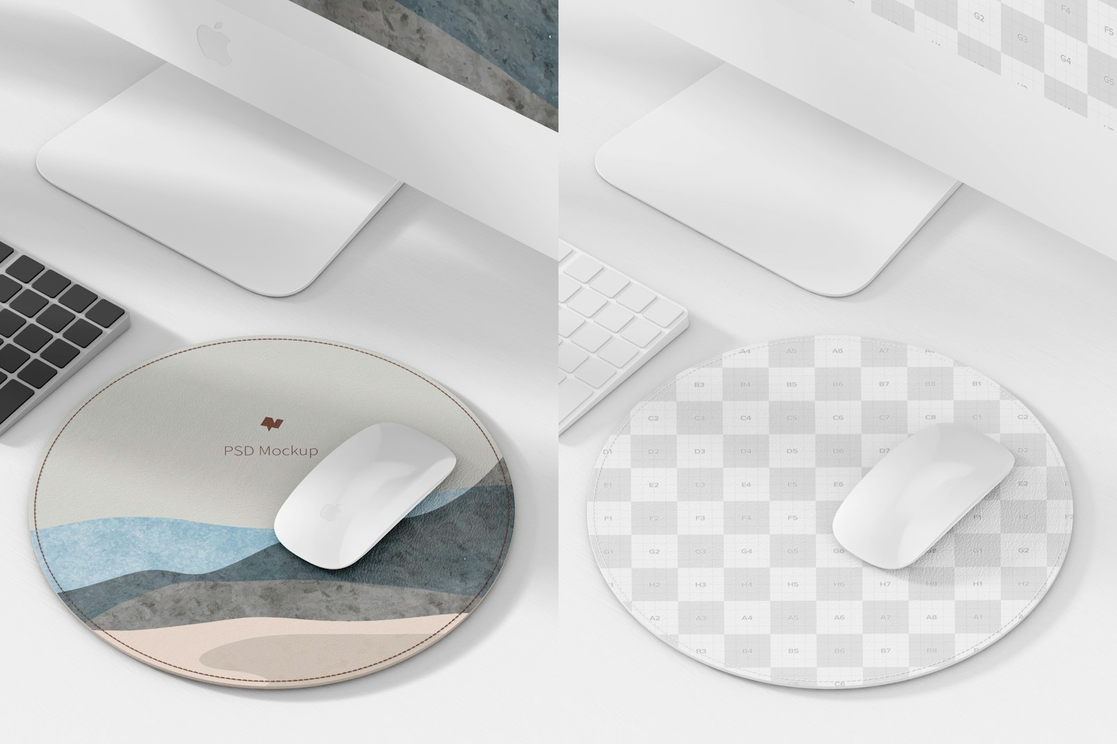 Round Leather Mouse Pad Mockup, with Computer
