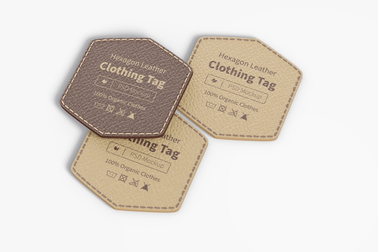 Hexagon Leather Clothing Tags Mockup, Top View