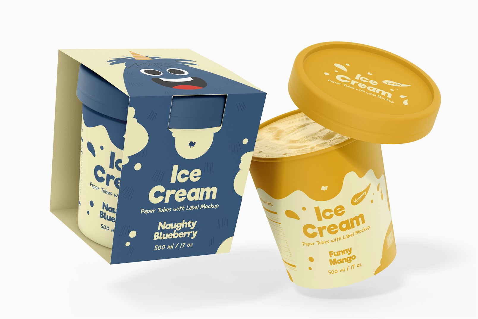 500 ml Ice Cream Paper Tub with Label Mockup, Opened and Closed