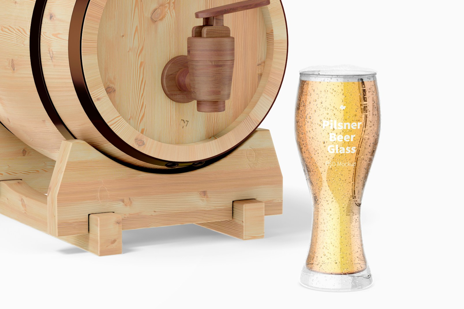 Pilsner Beer Glass with Barrel Mockup