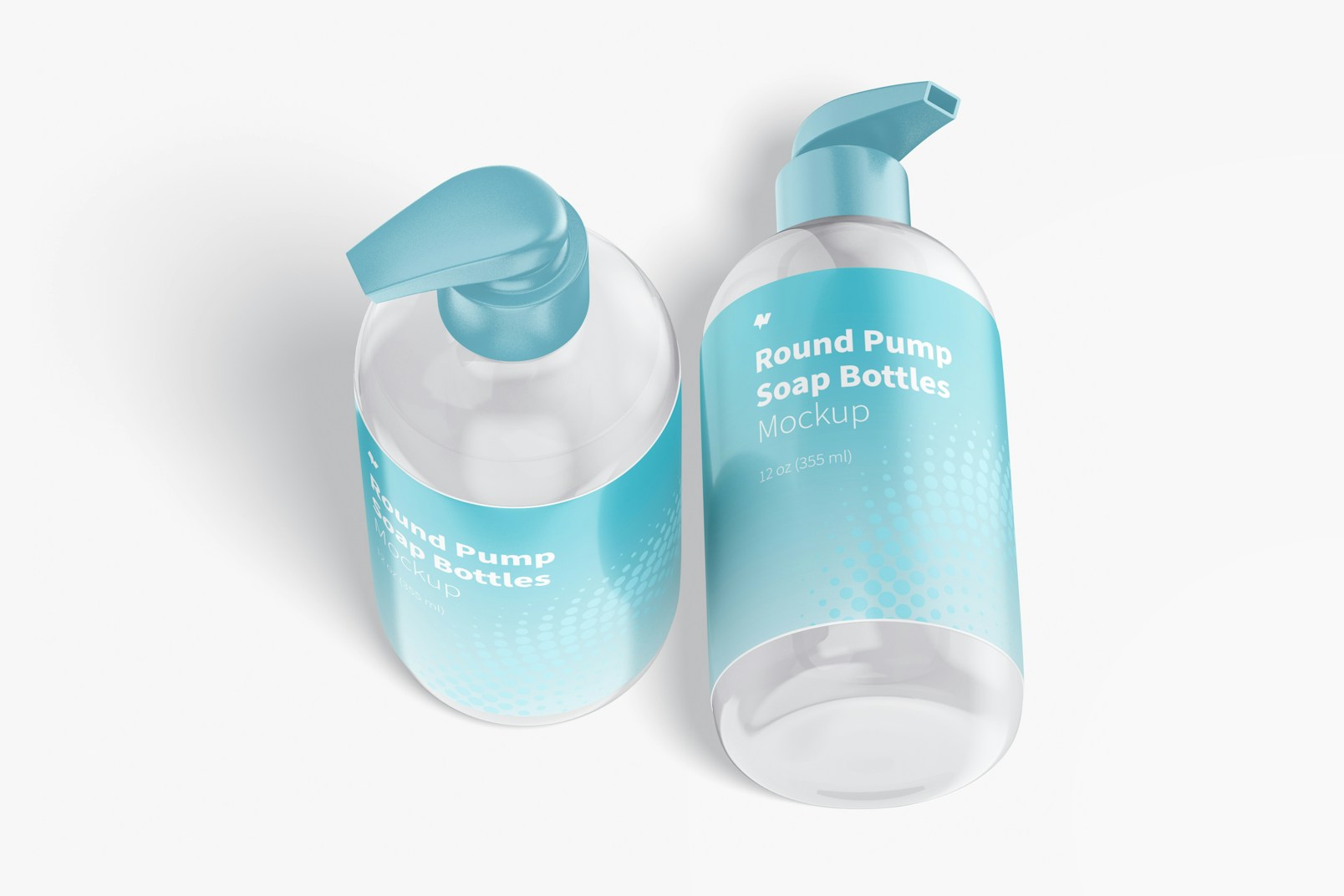 Round Pump Soap Bottles Mockup, Perspective View