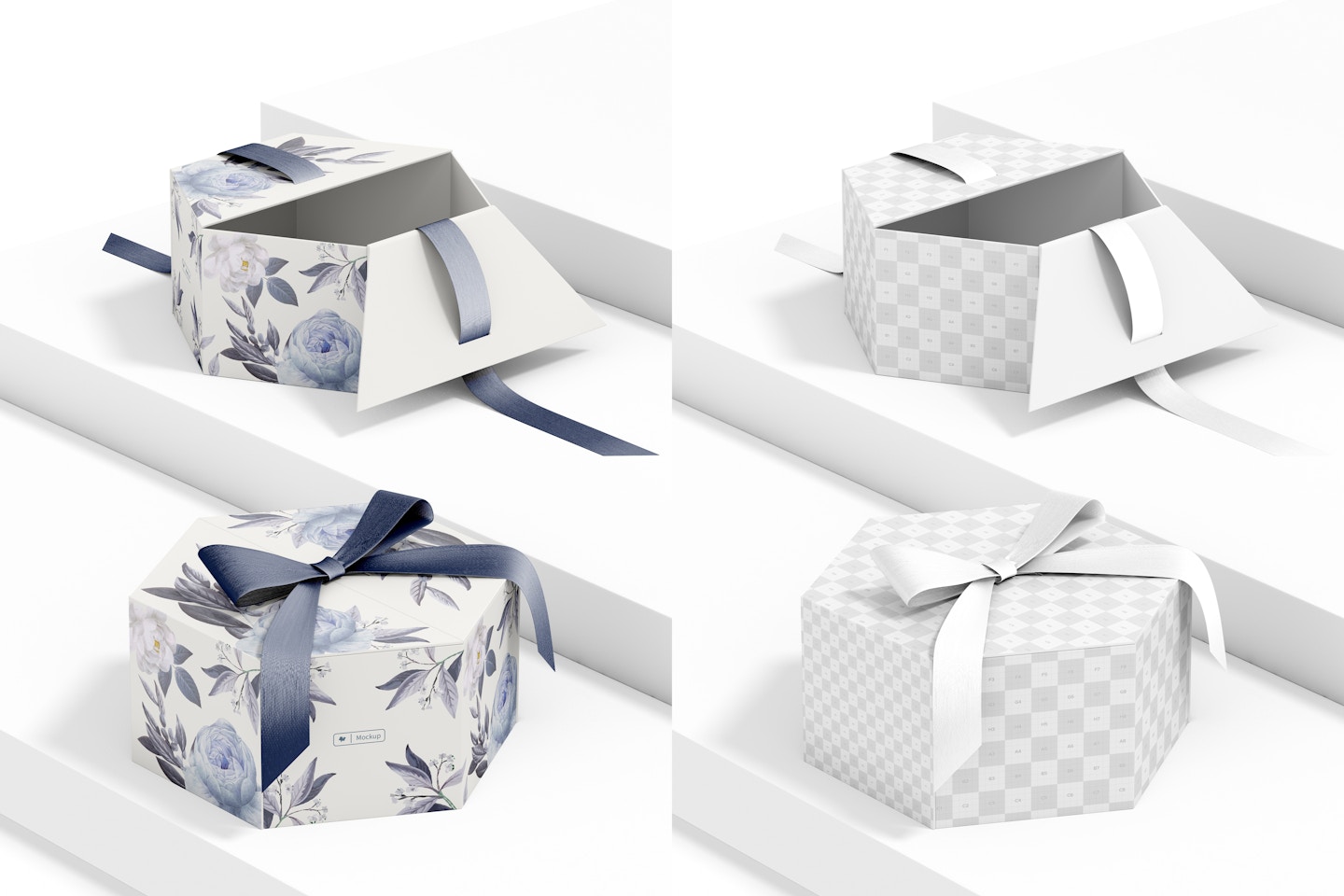 Hexagon Gift Box with Ribbon Mockup, Opened and Closed