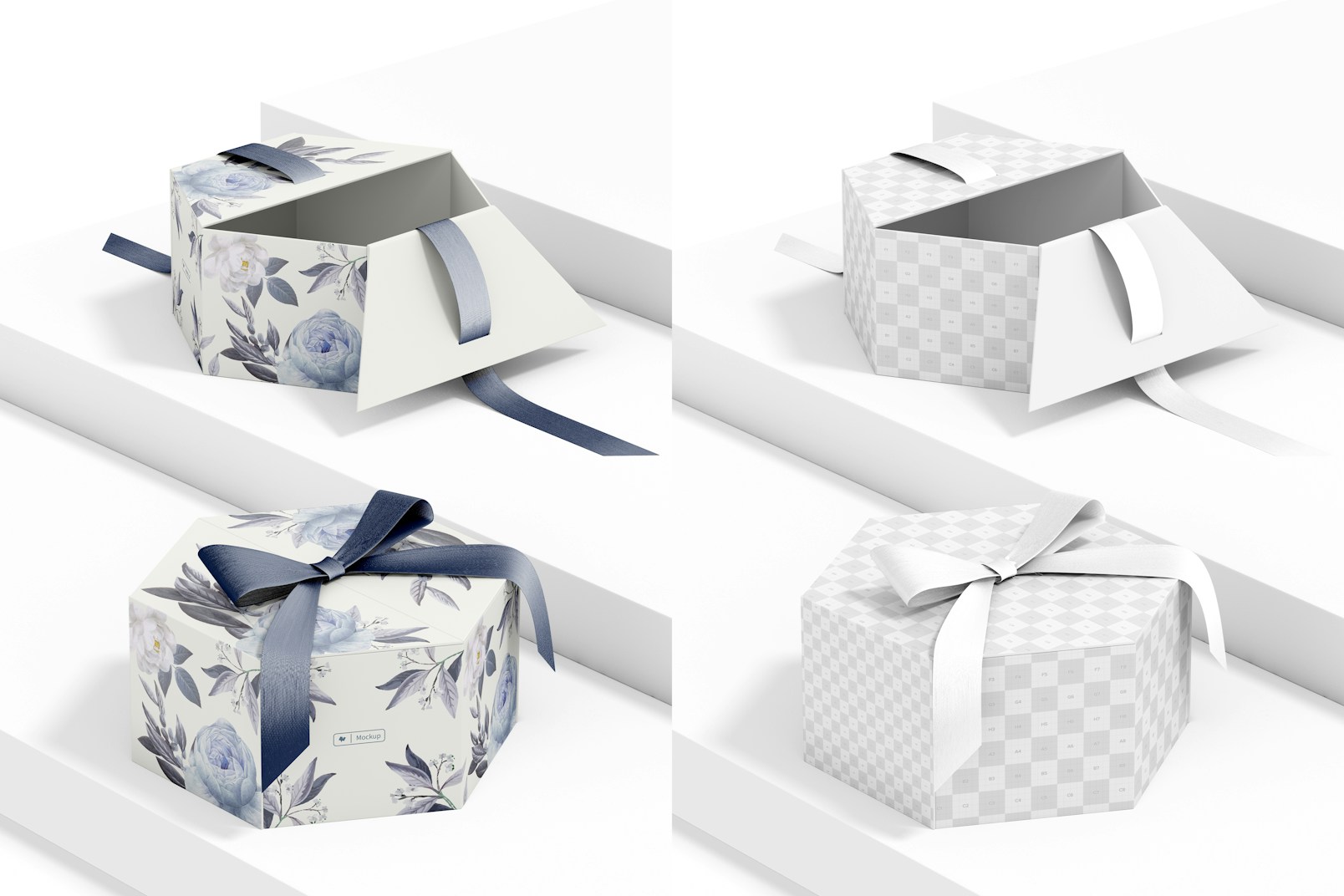 Hexagon Gift Box with Ribbon Mockup, Opened and Closed