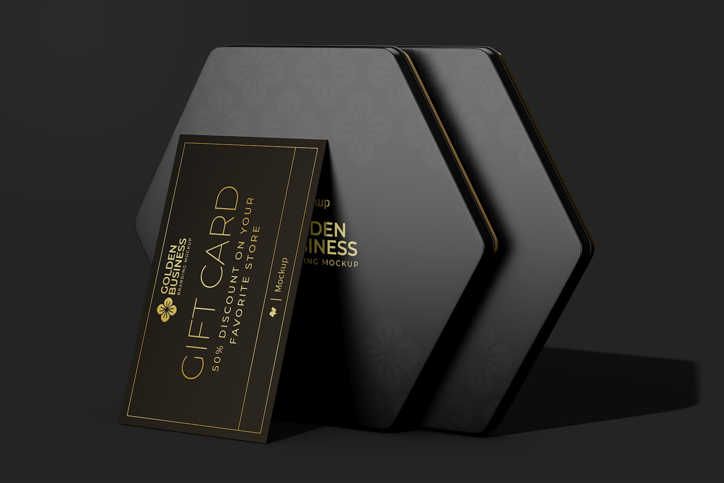 Gift Card with Golden Boxes Mockup, Perspective