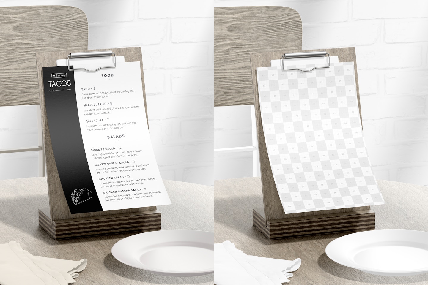 Table Menu Stand with Clip Mockup, on Table