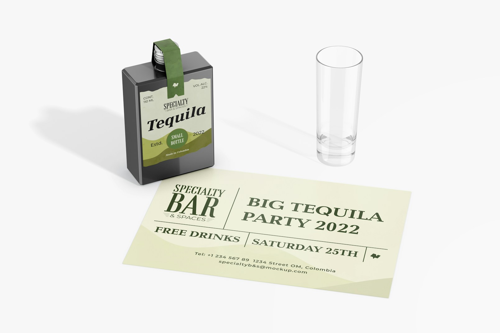 Small Tequila Bottle with Stationery Mockup, with Cup
