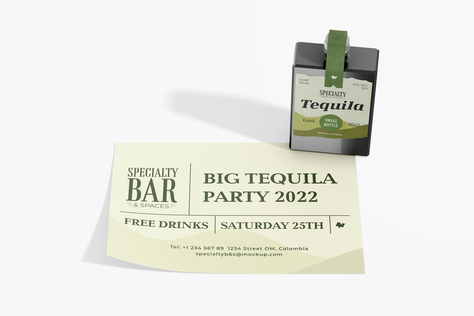 Small Tequila Bottle with Stationery Mockup, High Angle View