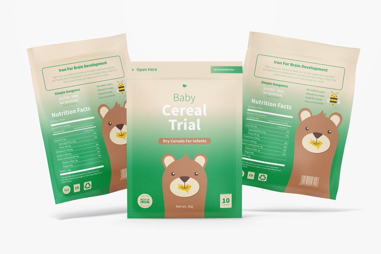 Baby Cereal Trial Pack Mockup, Front View
