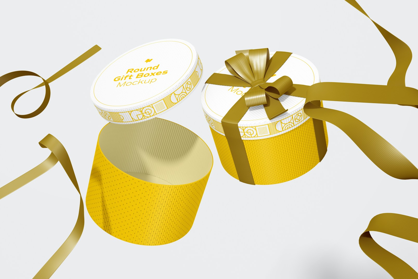 Round Gift Boxes with Ribbon Mockup, Falling