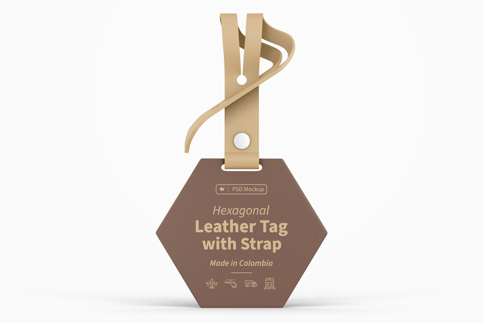 Hexagonal Leather Tag with Strap Mockup, Front View