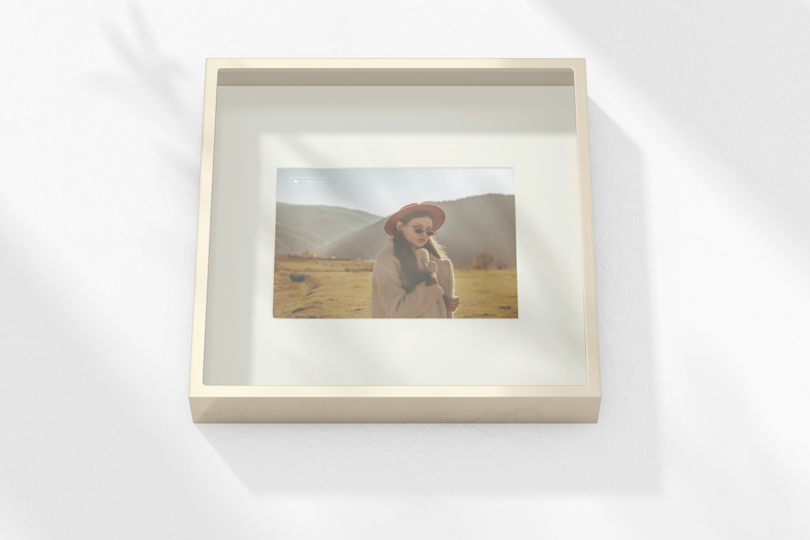 Metallic Shadow Gallery Box Frame Mockup, Low Angle View