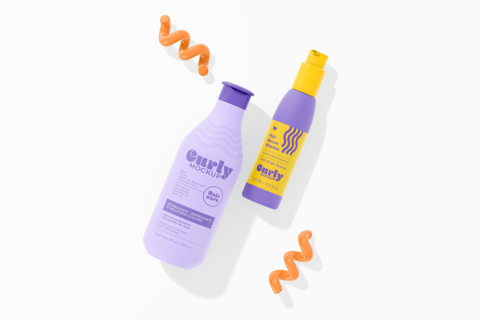 Curly Hair Product Bottles Mockup, Top View