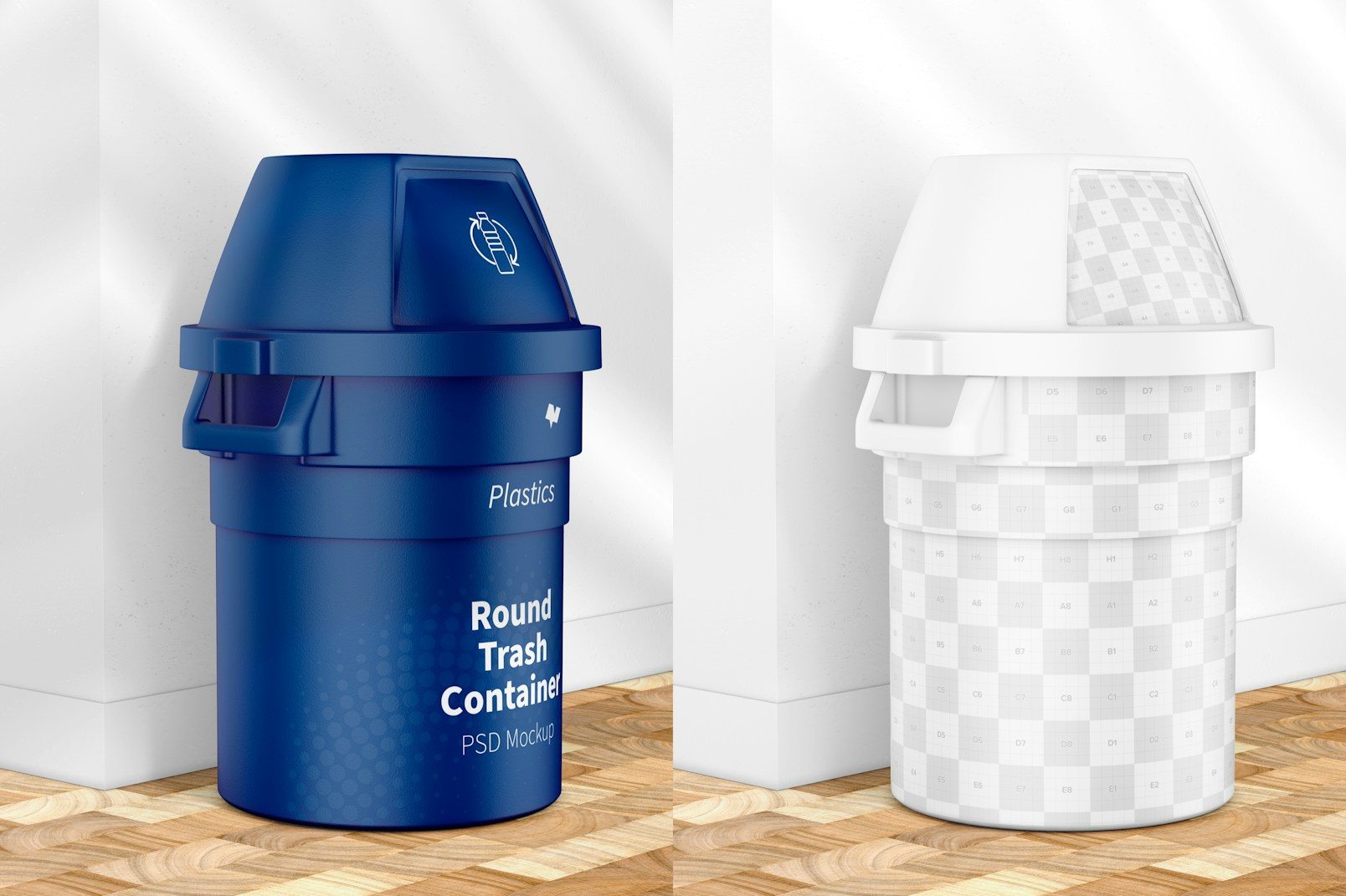 Round Trash Container Mockup, Left View