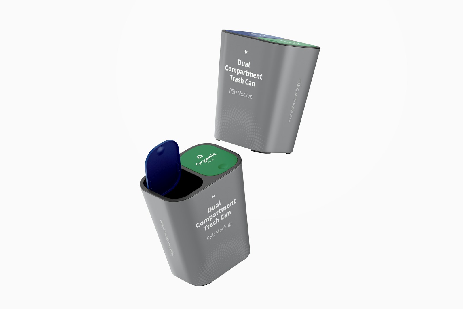 Dual Compartment Trash Cans Mockup, Floating
