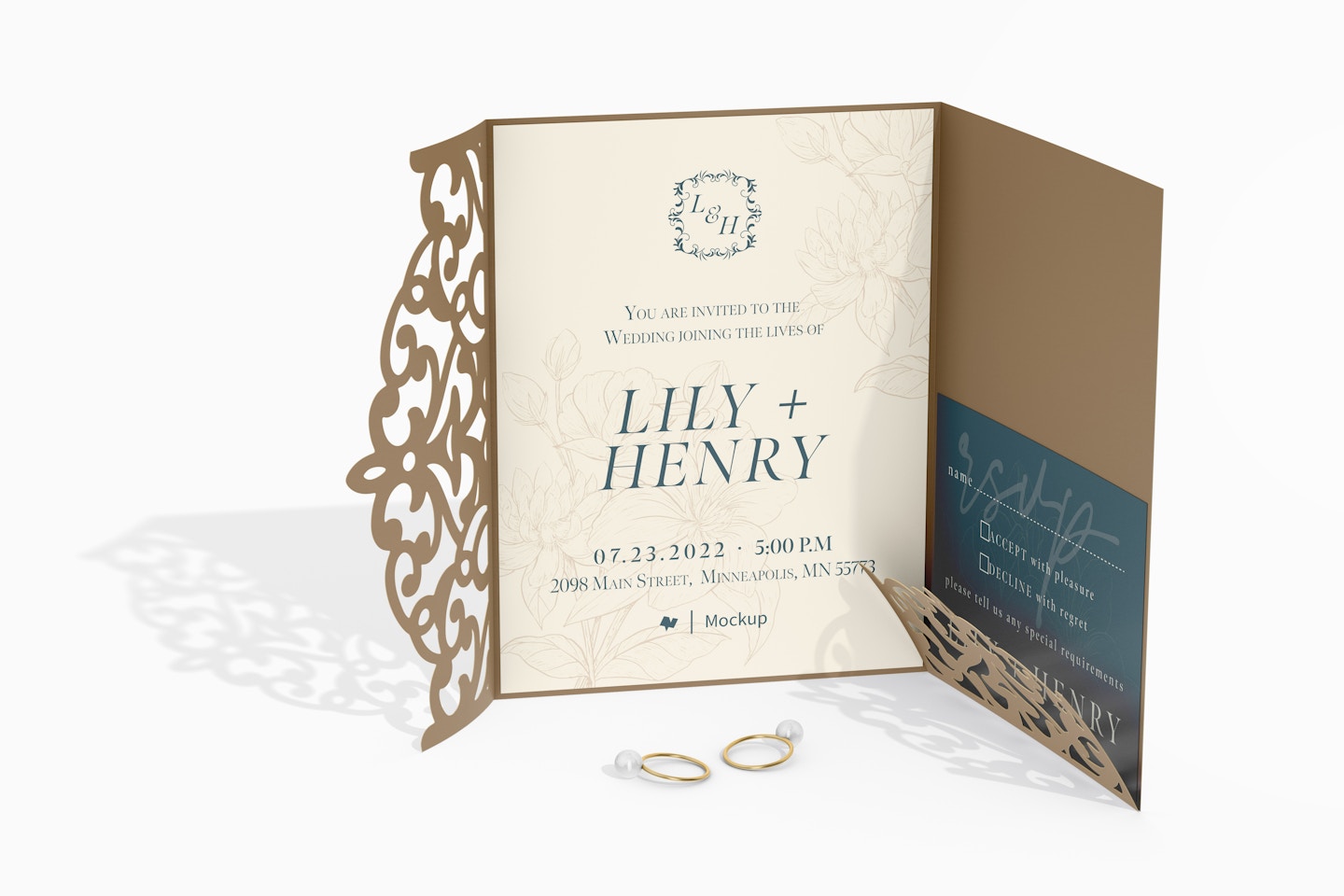 Double Invitation Card with Die Cut Mockup, Opened