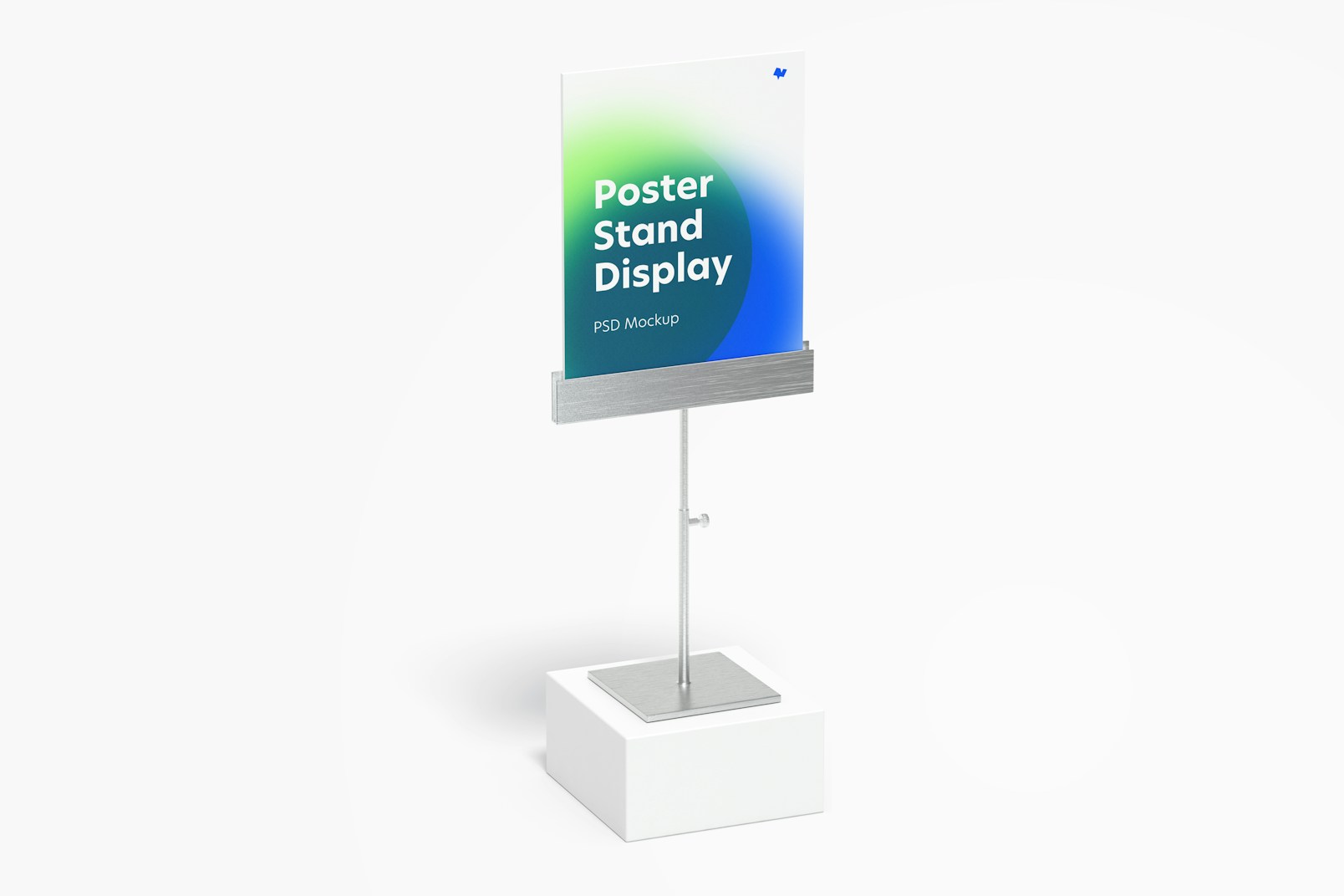 Metallic Poster Stand Display Mockup, Perspective