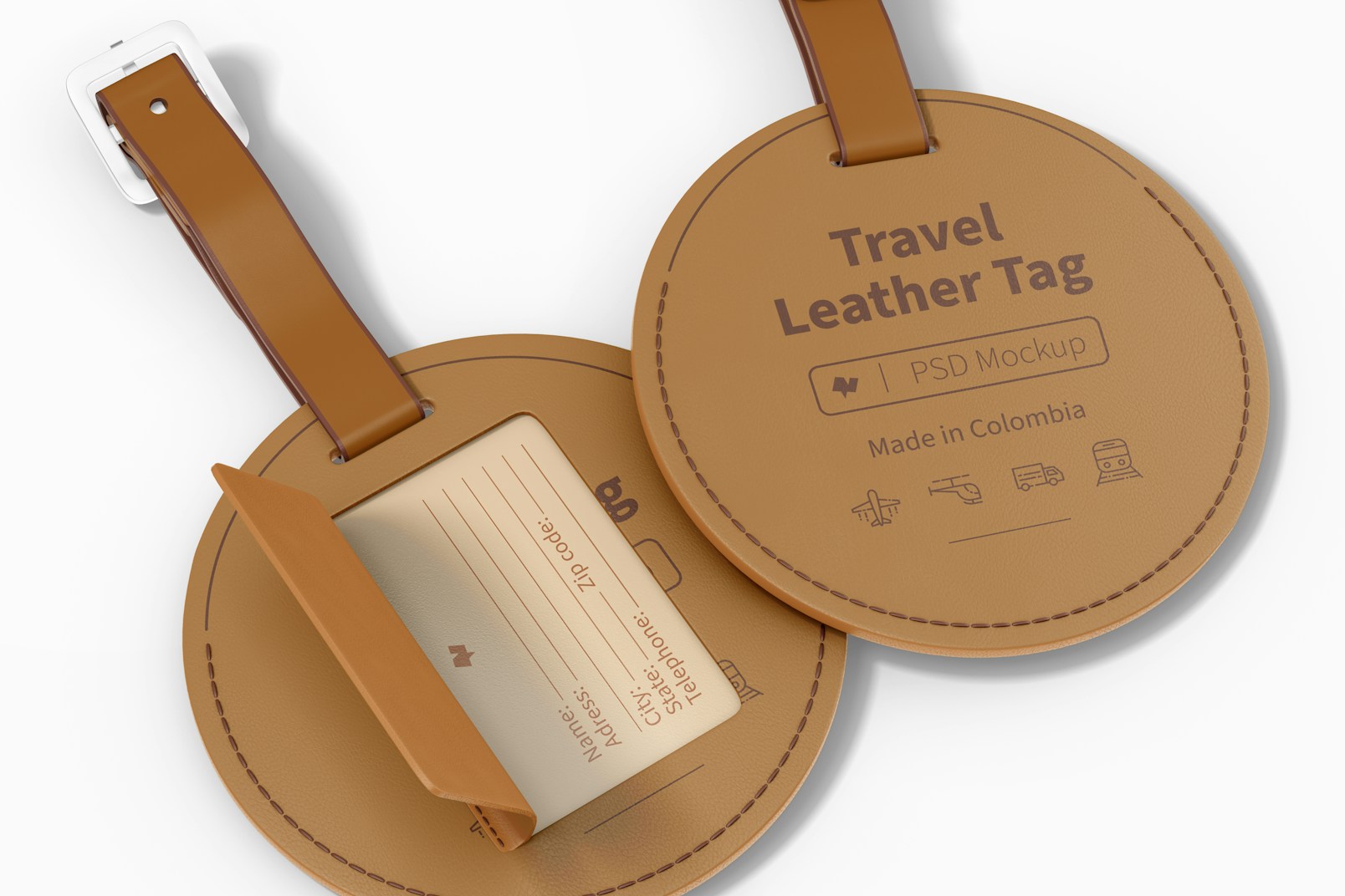 Round Travel Leather Tags Mockup, Close Up