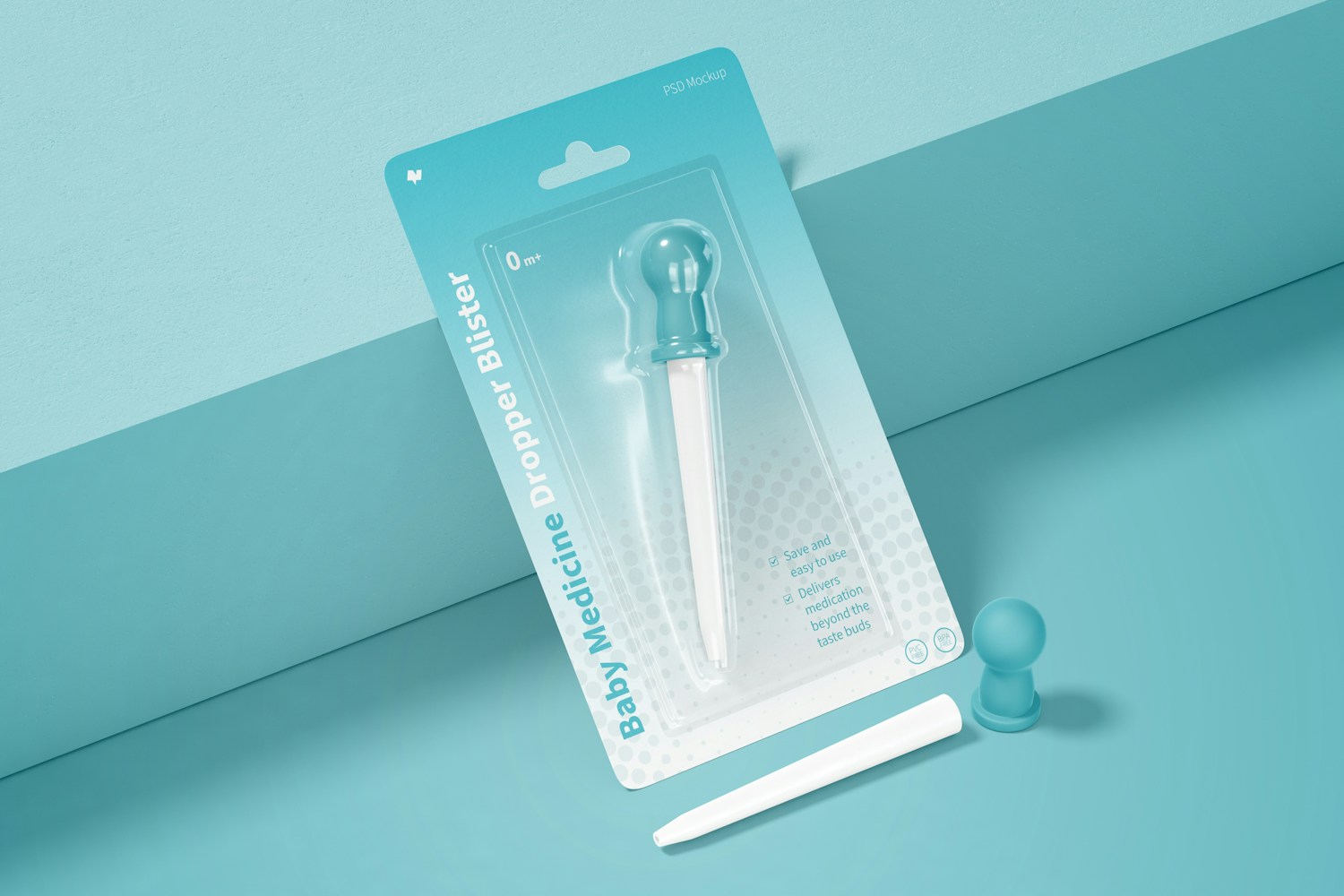 Baby Medicine Dropper Blister Mockup, Leaned Baby Medicine Dropper Blister Mockup, Leaned