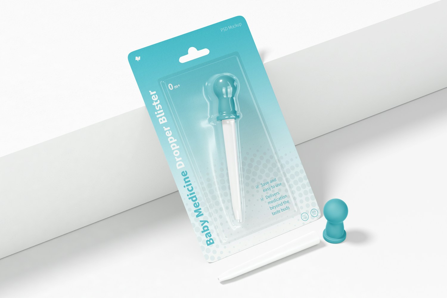 Baby Medicine Dropper Blister Mockup, Leaned Baby Medicine Dropper Blister Mockup, Leaned