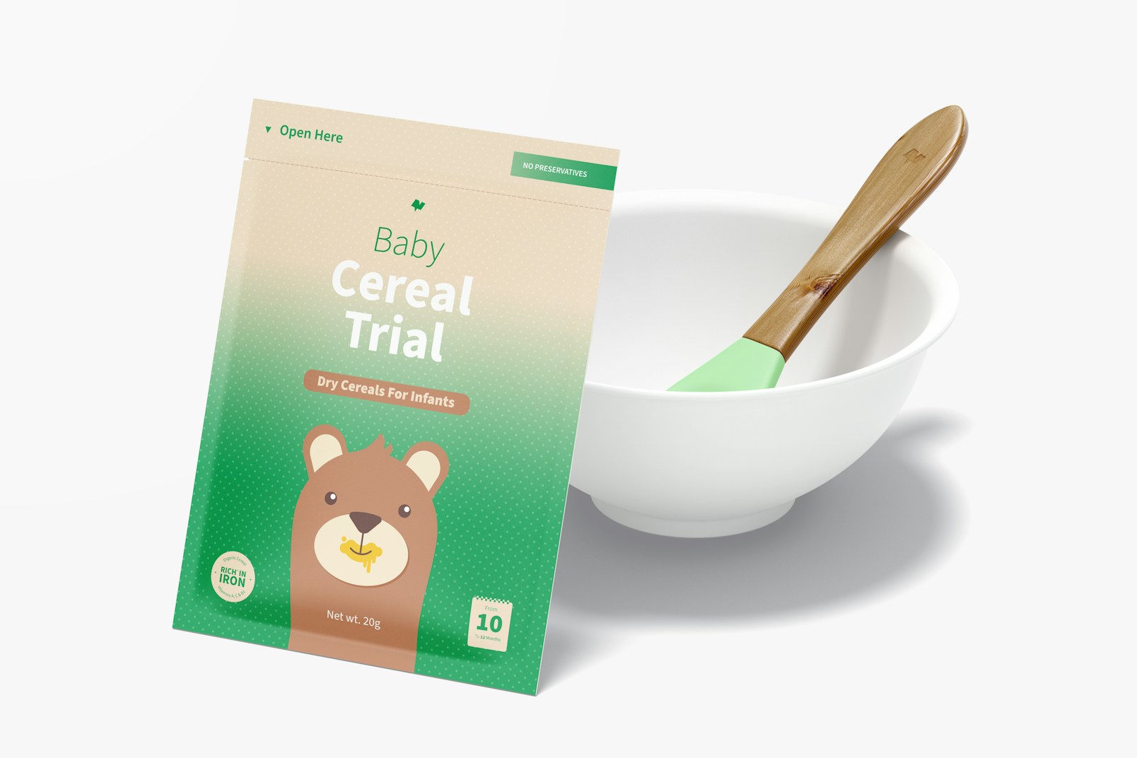 Baby Cereal Trial Pack Mockup, Perspective