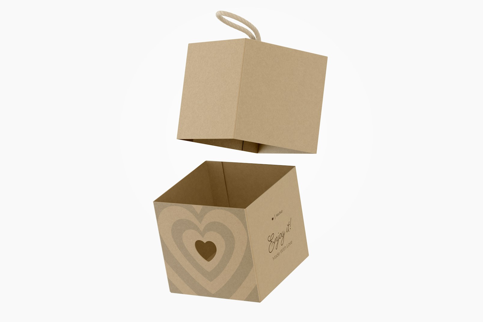 Kraft Cube Box With Heart Mockup, Floating