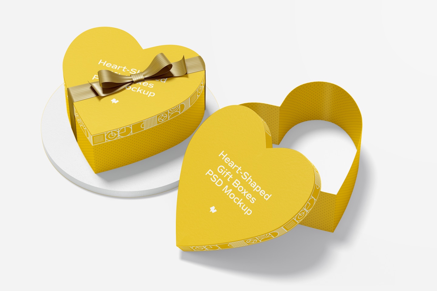 Heart-Shaped Gift Boxes With Paper Ribbon Mockup, Opened and Closed