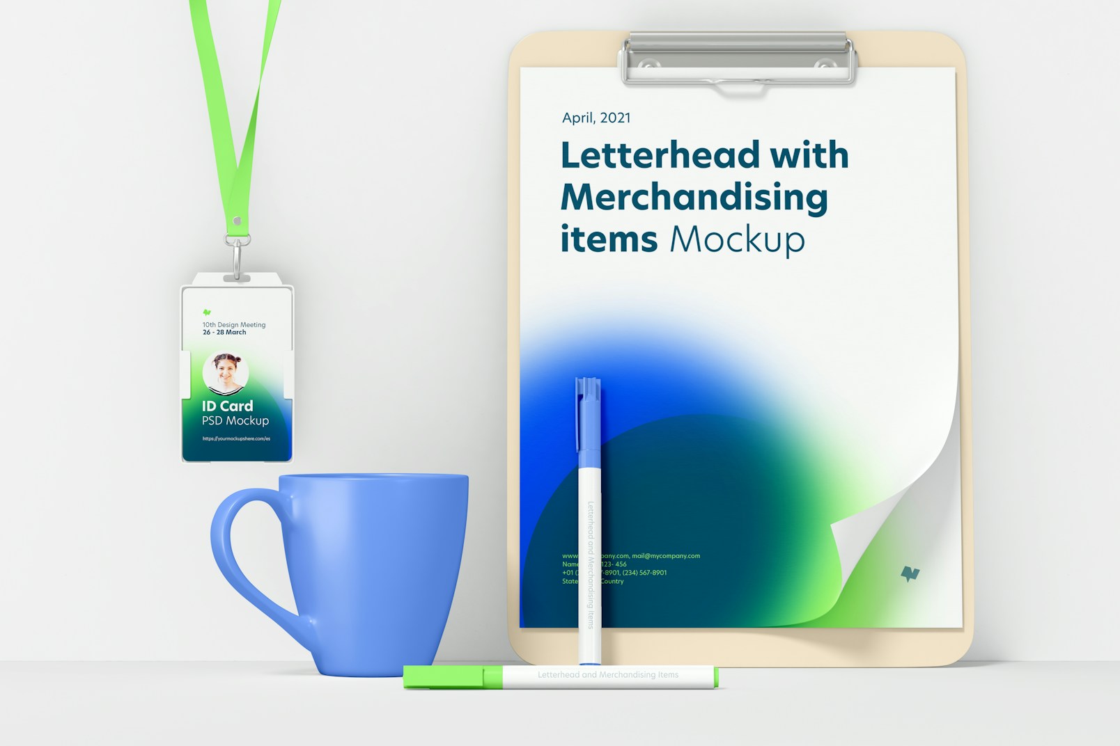 Letterhead and Merchandising Items Mockup, Front View
