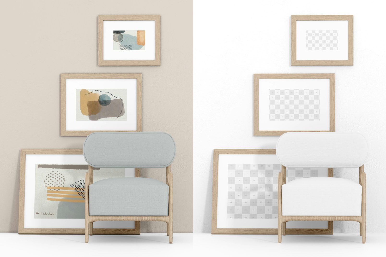 3 Gallery Frames Mockup, with Armchair