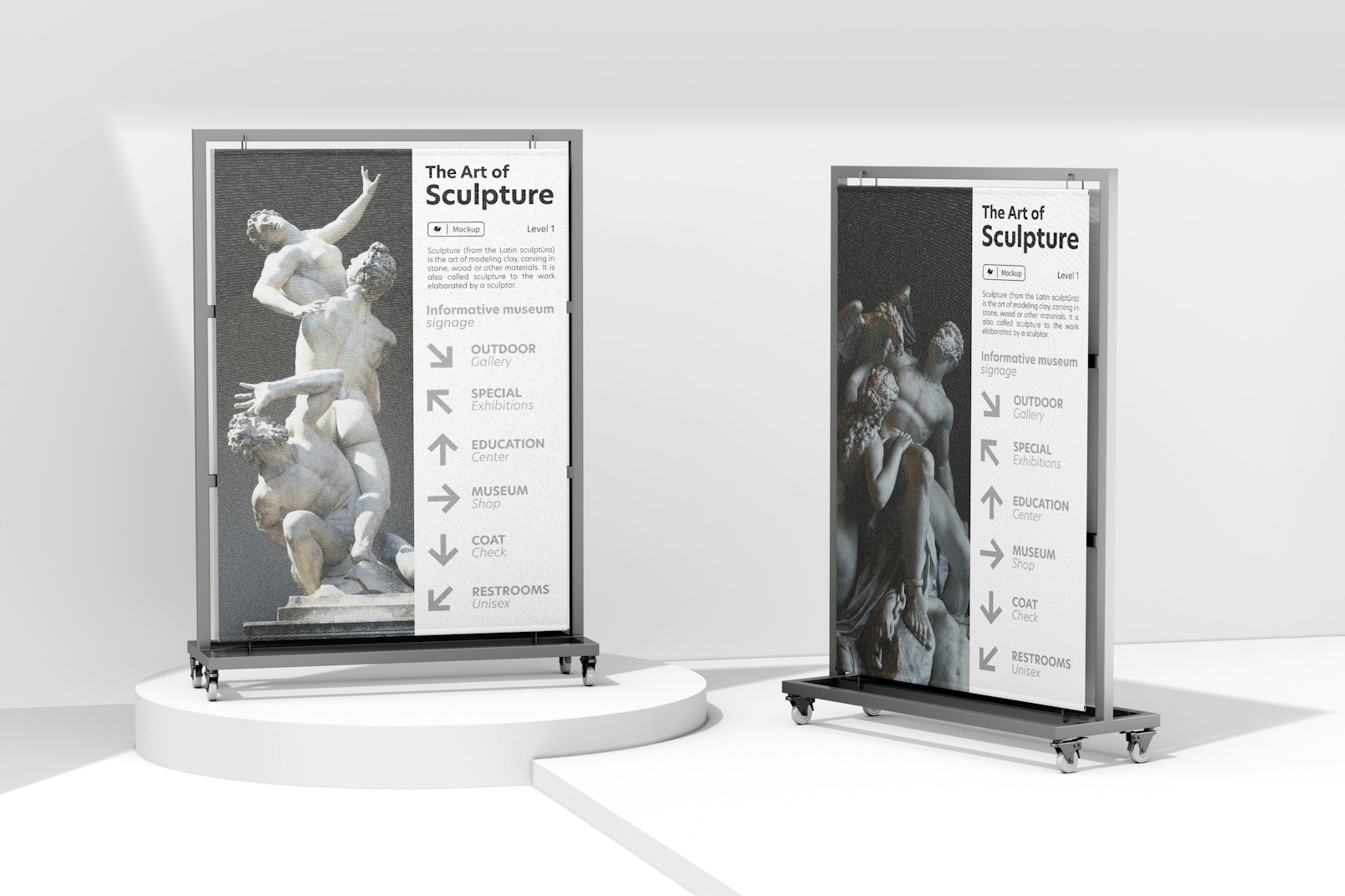 Exhibition Signages with Wheels Mockup, Front and Side View