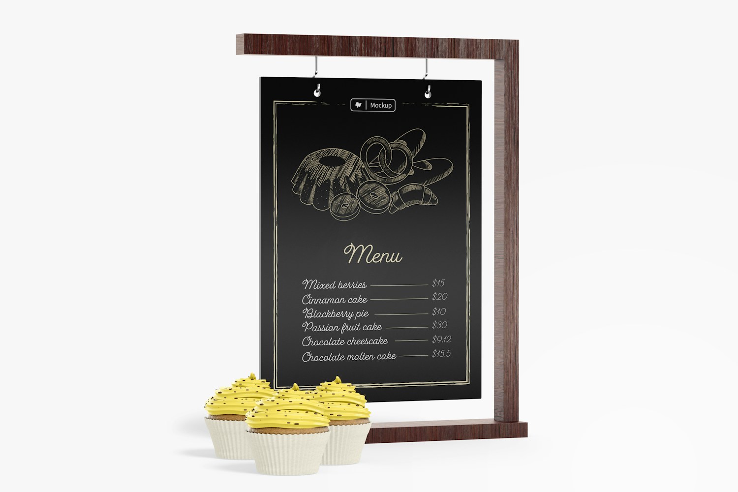 Tabletop Hanging Sign with Cupcakes Mockup Tabletop Hanging Sign with Cupcakes Mockup