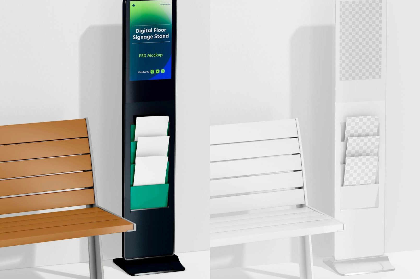 Digital Floor Signage Stand with Bench Mockup