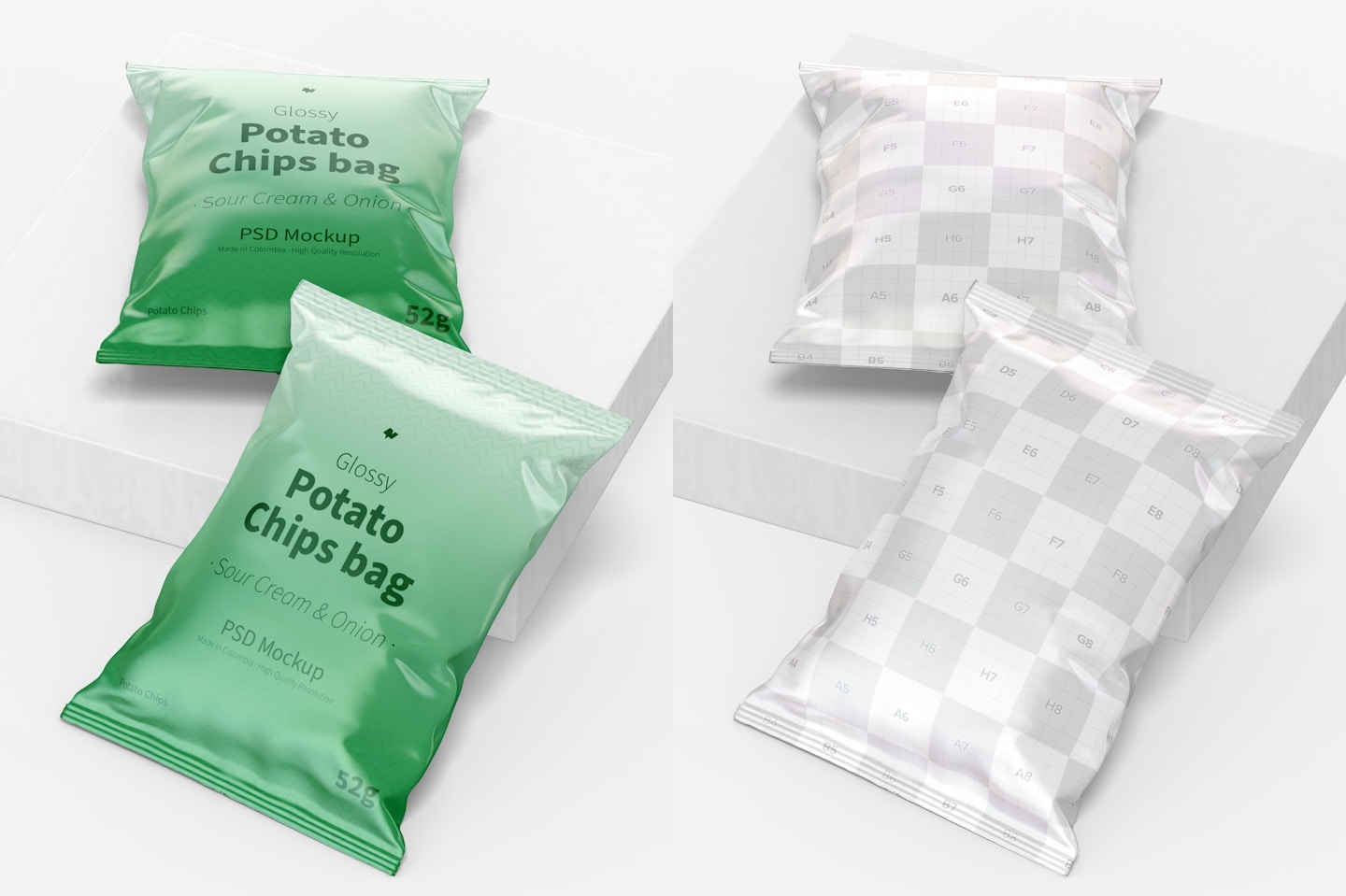 Glossy Chips Bags Mockup, Perspective View