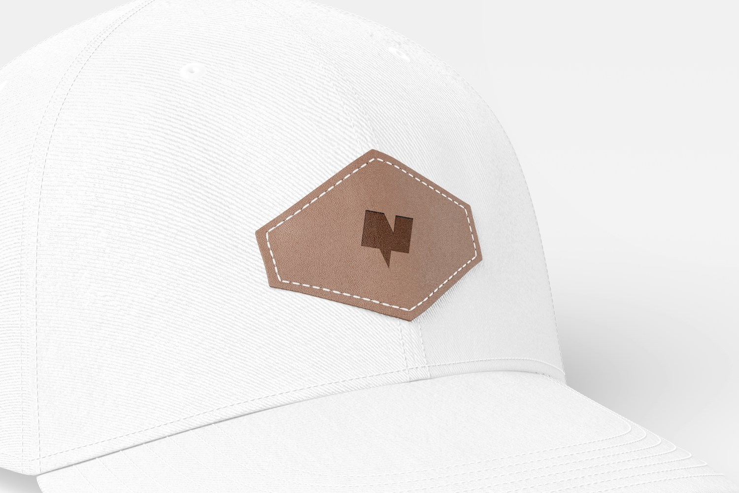 Hexagonal Leather Tags on Cap Mockup, Close Up