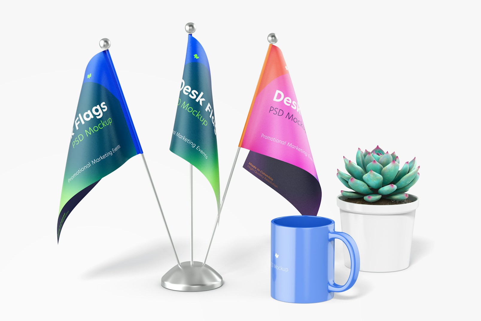 Desk Flags Mockup, Front View
