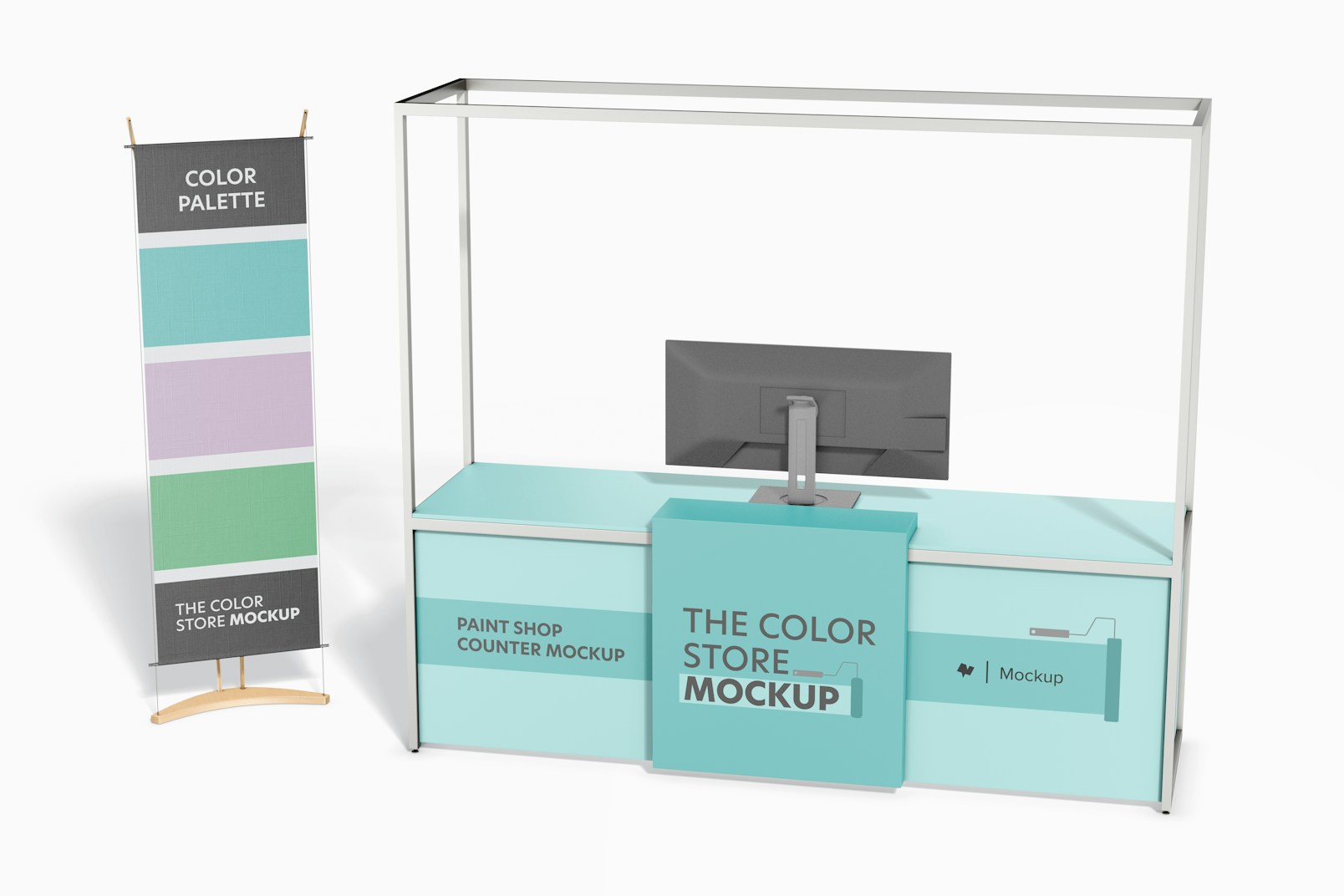 Paint Shop Counter Mockup, wiht Banner