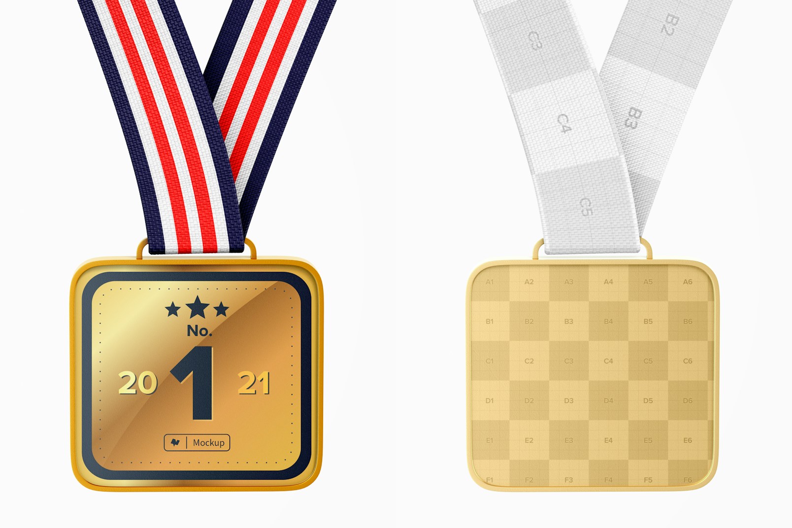 Square Competition Medal with Ribbon Mockup, Close Up