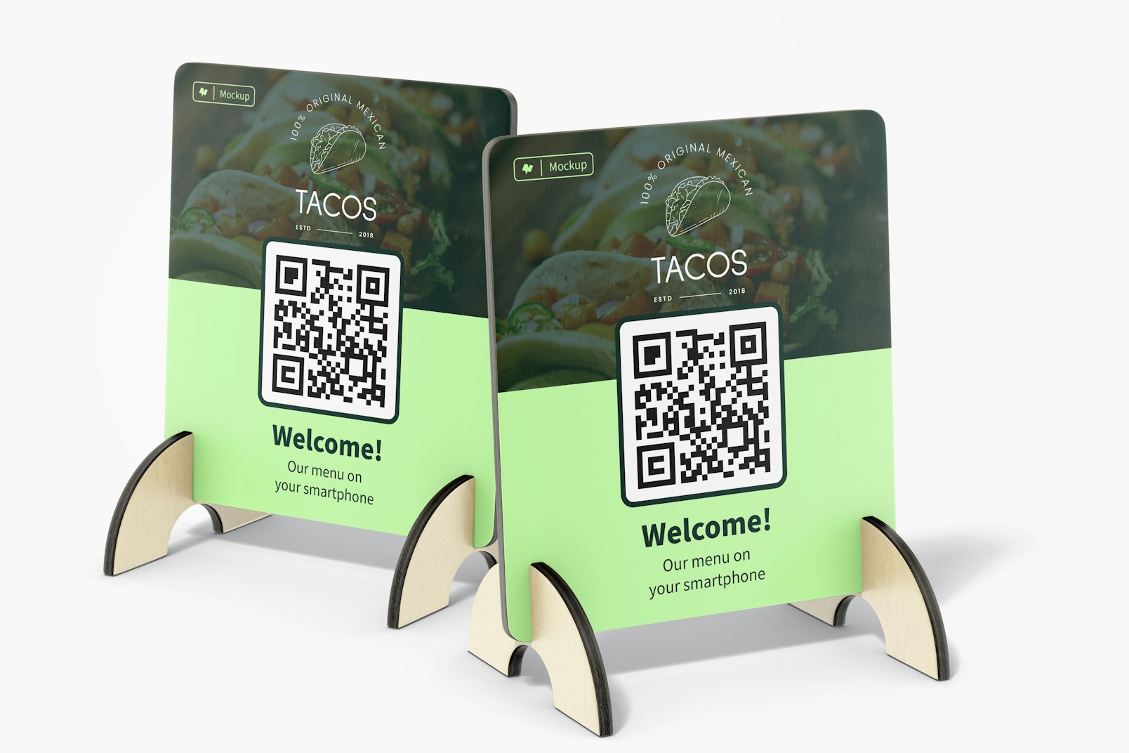 Wooden QR Menus Mockup, Left and Right View