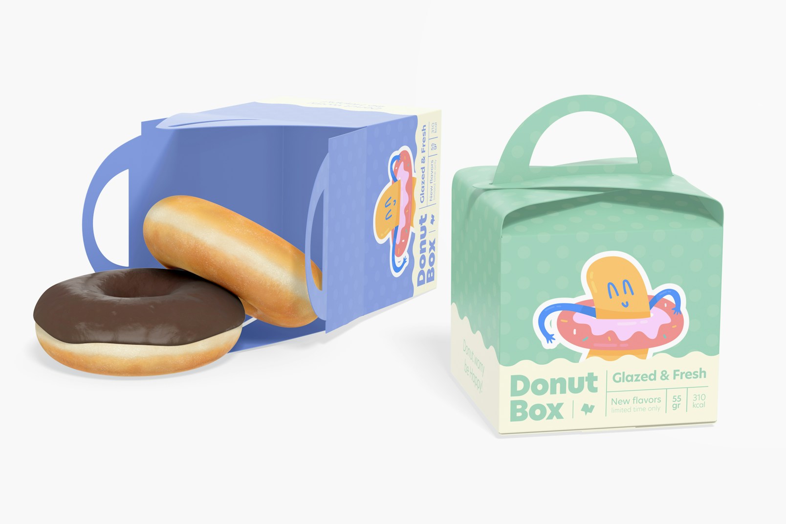 Donut Boxes with Handle Mockup, Standing and Dropped