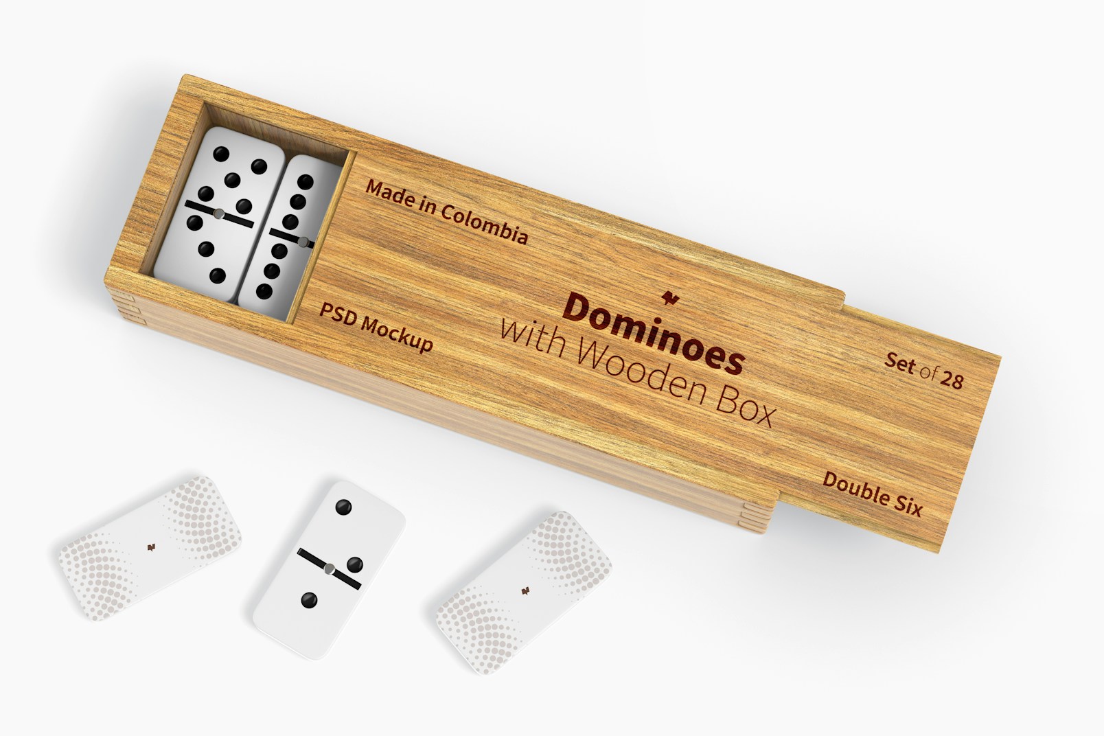 Dominoes with Wooden Box Mockup, Perspective