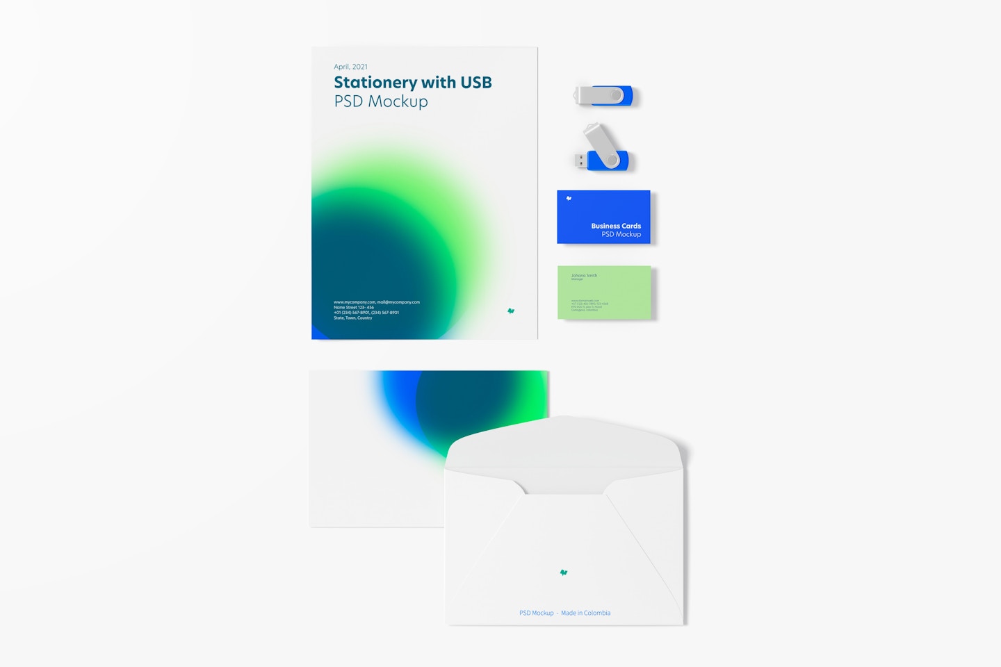 Stationery with USB Flash Drives Mockup, Top View 02