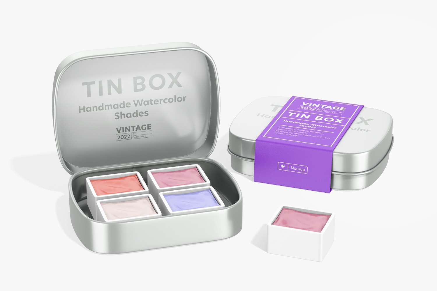 Watercolor Tin box Mockup, Opened and Closed Watercolor Tin box Mockup, Opened and Closed
