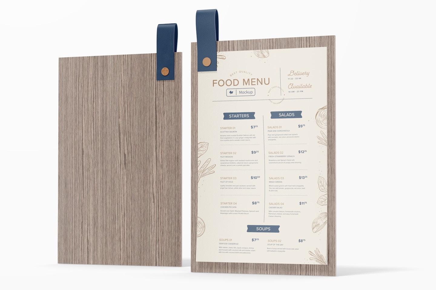 Menu with Leather Loop Mockup, Front and Back View