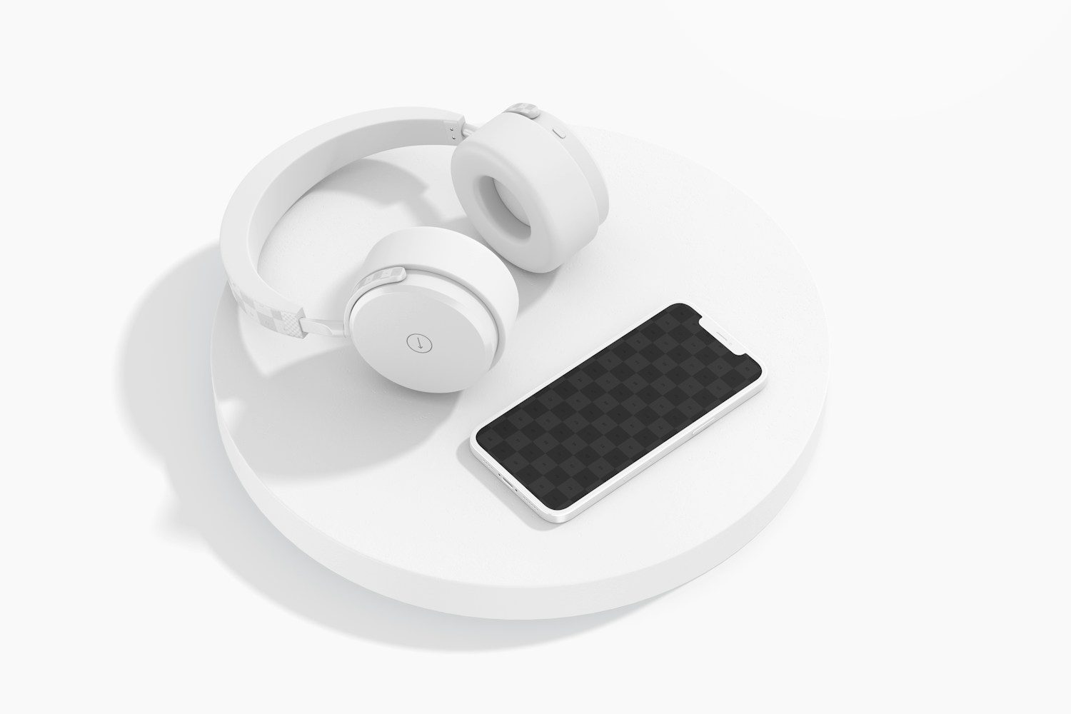 Headphones with Smartphone Mockup, on Podium